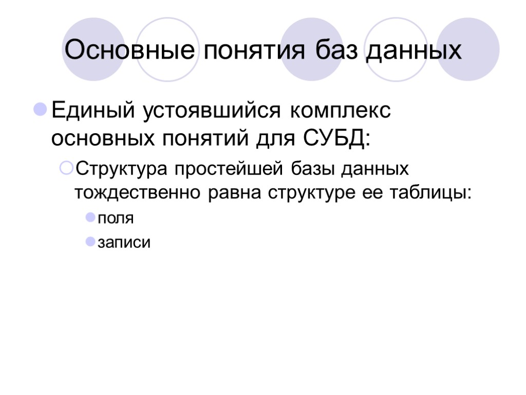 Основные понятия баз данных Единый устоявшийся комплекс основных понятий для СУБД: Структура простейшей базы